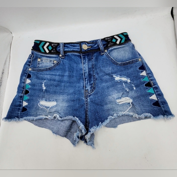 YUSHUAIA IBIZA HIGH WAIST DENIM SHORTS FRAYED HEM AND DISTRESSED SIZE S - Picture 8 of 15